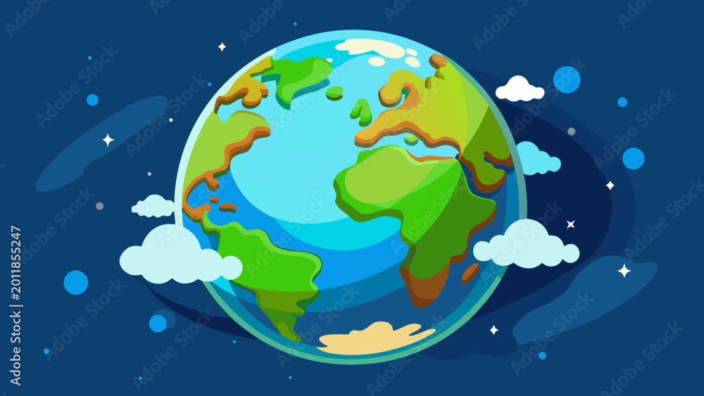 Obraz premium Cartoon earth with clouds floating in deep space among stars planet earth outer space universe illustration continents atmosphere astronomy celestial exploration discovery background
