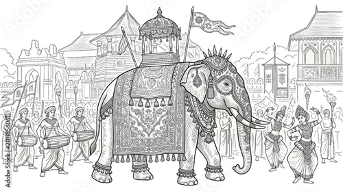 Sri Lankan Perahera Elephant Line Art Traditional Festival Decorated Cultural Illustration