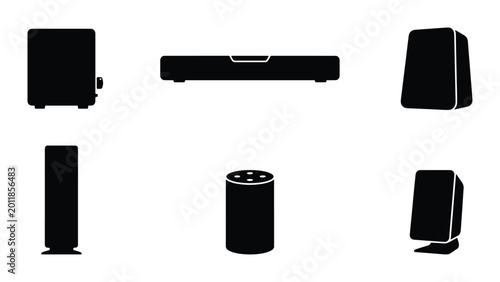 Tableau sur toile Modern Audio Equipment Icons, Black Speaker and Soundbar Vector Set, Home Entert