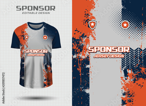 Modern Sports Jersey Design Template with Abstract Orange and Navy Blue Grunge Splash Texture and Halftone Patterns for Soccer, Esports, and Athletic Apparel