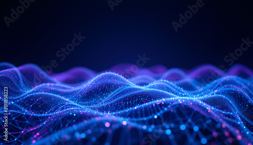 Vibrant blue and purple network waves with glowing nodes on a dark background representing digital connections and futuristic technology