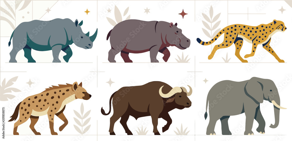 Obraz premium A cute cartoon set of wild jungle and farm animals featuring a lion, elephant, giraffe, and sheep in a vector illustration style for a baby zoo collection