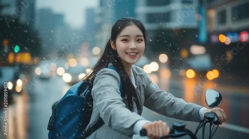 Enthusiastic commuter: Young woman on scooter navigating a rainy cityscape with a smile