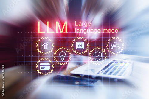 Large language model concept represented with icons, text, and laptop, showing technology in use during a learning session