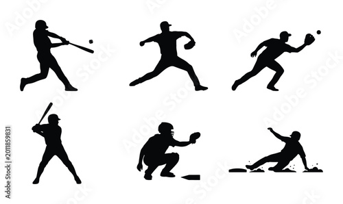 Fotografie Baseball Player Silhouettes, Action Poses Vector Set: Batter, Pitcher, Catcher,