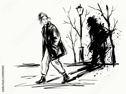 Woman walking alone in dark park, scared silhouette, expressive brush art, anxiety, fear, modern fashion illustration