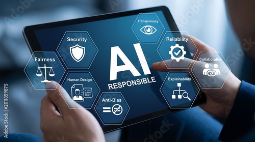 Responsible ai governance digital interface showing ethical principles like fairness security transparency and reliability.