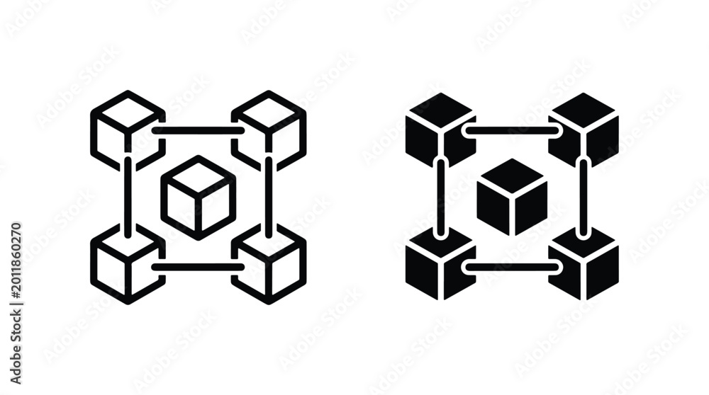 Obraz premium Blockchain Network Icons, Decentralized Data Blocks, Digital Ledger Technology, Cryptocurrency System, Secure Information Grid