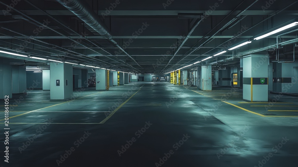 Fototapeta premium Underground parking garage with concrete pillars, fluorescent lights, and painted yellow lines, forming an empty space with a solitary, abandoned atmosphere