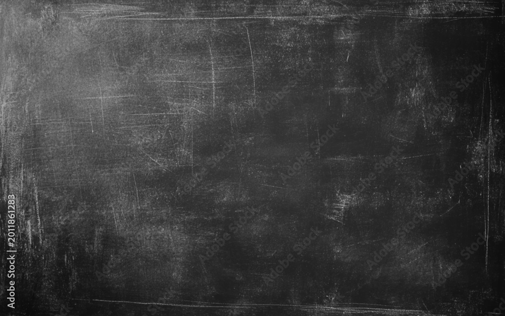 Naklejka premium Empty black chalkboard background with white chalk dust and scratches. 