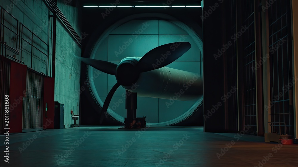 Fototapeta premium Huge propeller spinning inside a wind tunnel, showcasing aerodynamic testing and engineering research in a modern lab with teal lighting and industrial equipment