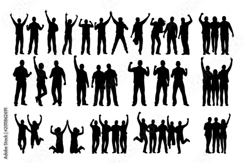 Team Celebrating Success Silhouette Vector Set Victory Achievement Business Concept Illustration