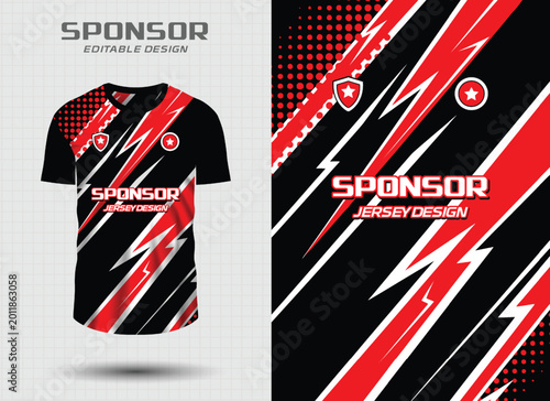 Sports Jersey Design Template with Modern Red and Black Thunder Graphic Patterns and Halftone Texture for Soccer, Racing, and Esports Apparel