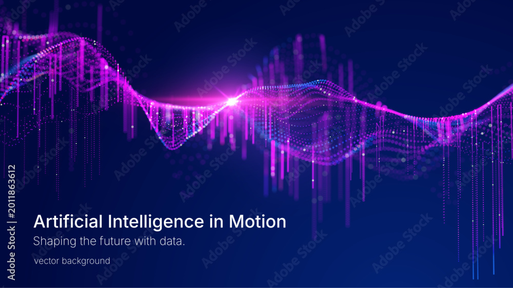Obraz premium Futuristic artificial intelligence data wave visualization with glowing particles and neural network structure. Abstract digital background for analytics, big data and technology concepts. 