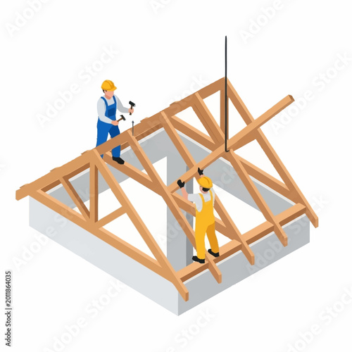 Φωτογραφία Construction workers building a wooden roof structure isometric view