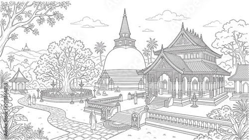 Quadro su tela Sri Lankan Buddhist Temple Stupa Line Art Dagoba Cultural Architecture Illustrat