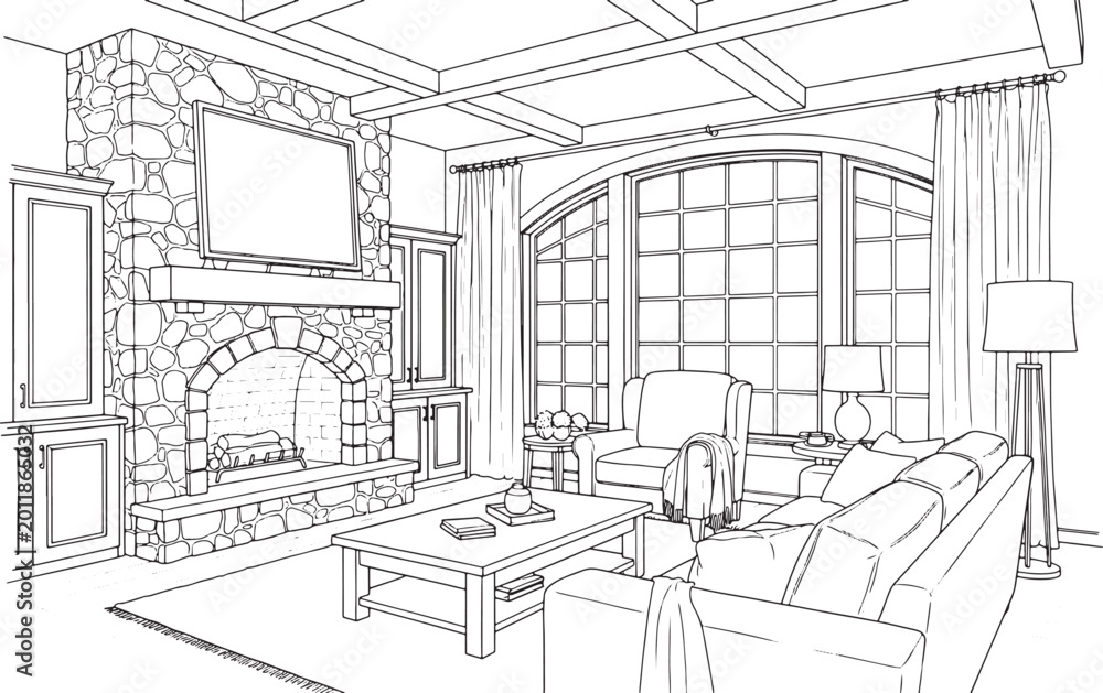 Fototapeta premium Living room interior sketch with stone fireplace and large arched window in a hand drawn architectural line art style