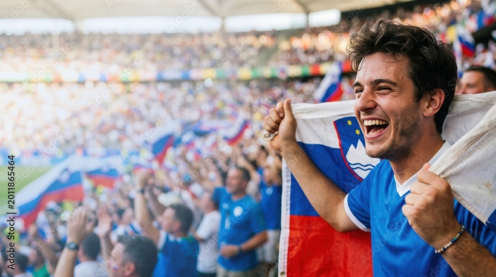 Fototapeta premium Slovenian football fan celebrating in stadium with national flag