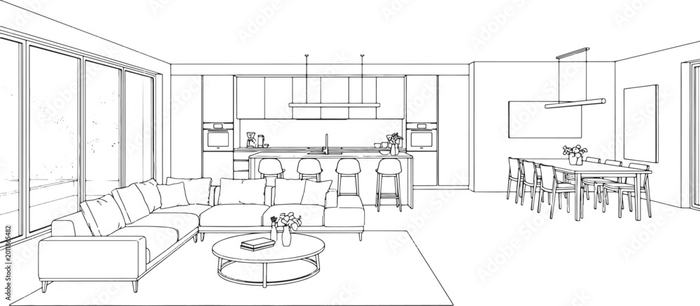 Fototapeta premium Open plan living room and kitchen interior sketch with sofa dining table and island in a modern architectural line drawing