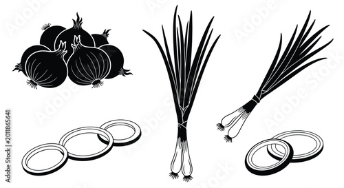 Foto Onions and scallions collection black silhouette high quality professional detai