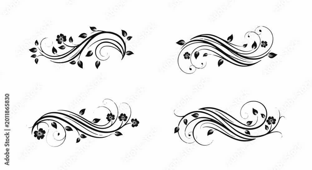 Fototapeta premium Ornate black floral swirls with leaves and flowers on a white background