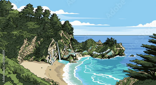 Pixelated coastal scene with waterfall, beach, trees, and ocean