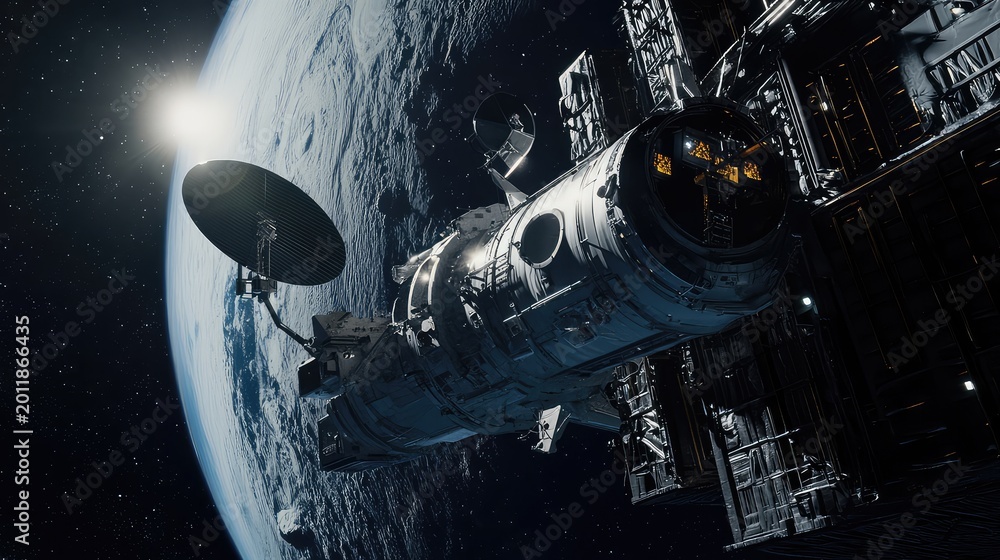 Fototapeta premium Space station with solar panels reflecting the sun, orbiting a celestial body in the darkness of outer space, symbolizing exploration and scientific advancement