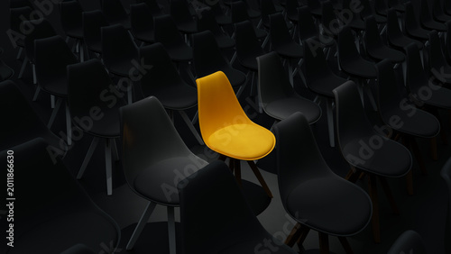 Cuadro en lienzo Angle view of Single Bright Yellow Chair Among Rows of Dark Grey Seats