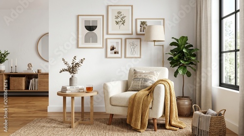 Cozy living room interior with armchair side table artwork interior design home decor coffee table wall art