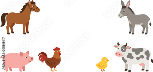 Fotografie Cute Cartoon Farm Animal Collection Set with Horse Donkey Pig Rooster Chick and
