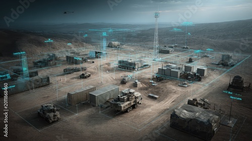 Military base camp in a desert environment showing advanced digital grid mapping, surveillance interface, and futuristic technology for defense and strategic operations