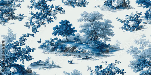 Vintage Blue Toile de Jouy Pattern with Nature Scene and Wild Animals