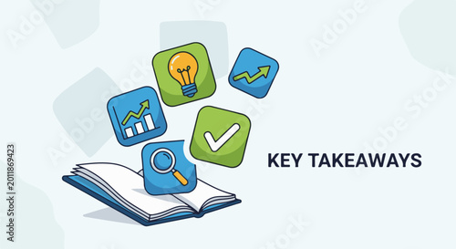 Open book with icons representing ideas, growth, analysis, and success