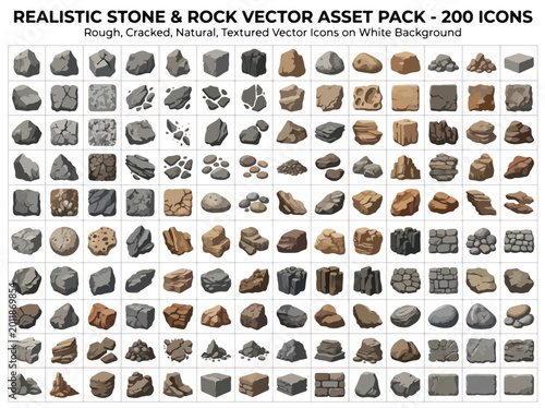 Set of 200 Realistic Stone and Rock Vector Icons