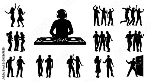 Foto Silhouettes of people dancing and a DJ playing music at a party or club, depicting various poses and groups enjoying the nightlife