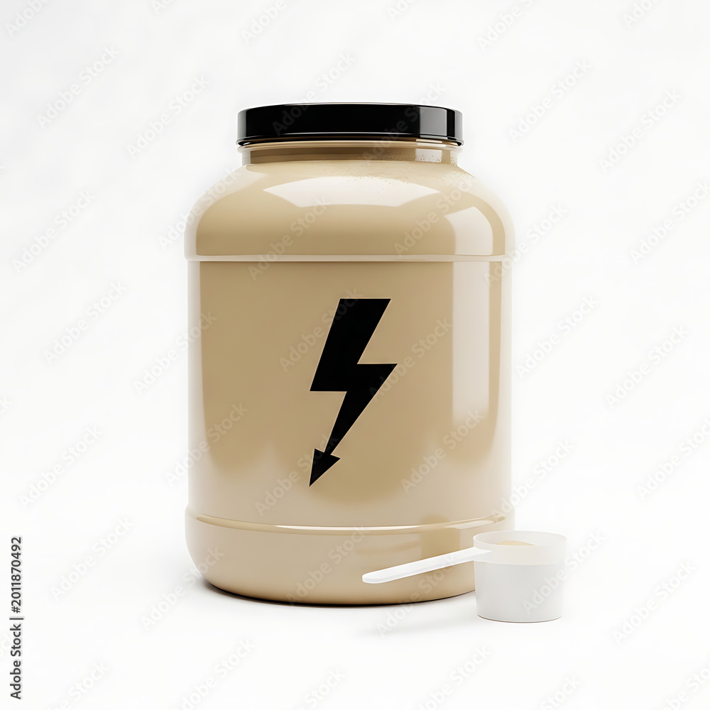 Obraz premium Protein powder container with lightning bolt logo and scoop