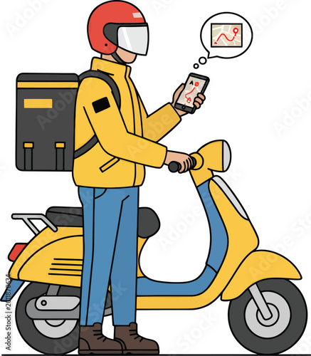 Delivery person on a scooter with a backpack checking navigation on a mobile phone for efficient route planning and quick service