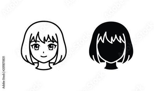 Anime Girl Face Icon Set, Manga Style Portrait Outline and Silhouette, Kawaii Character Illustration for Graphic Design and Social Media