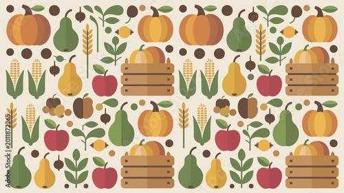 Autumn harvest fruits and vegetables arranged in seamless flat pattern