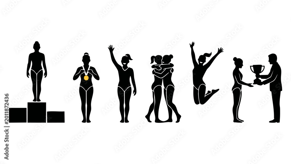 Obraz premium Gymnast Silhouette Set Winning Medal Award Victory Podium Celebration. Professional artistic gymnast athletes icons collection showing competition achievements, award ceremony and joyful victory poses