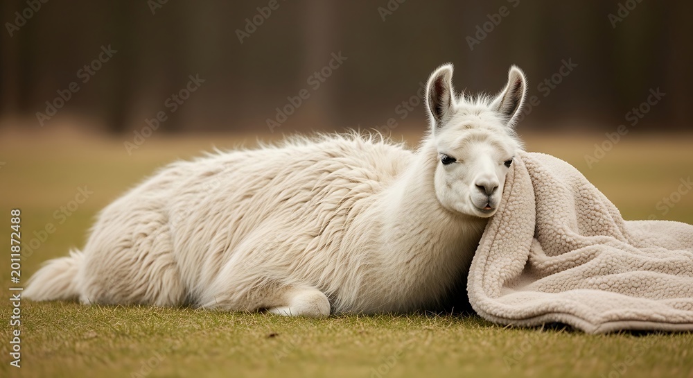 Fototapeta premium A fluffy white llama rests comfortably on a grassy field, its head nestled into a soft, beige blanket.