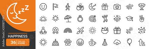 Happiness Lifestyle Well Being Thin Icon Set