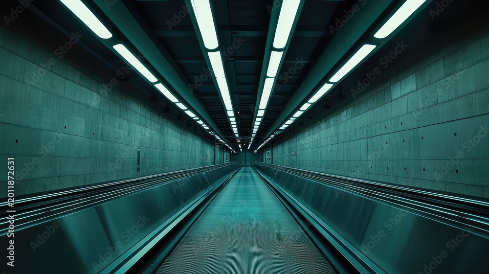 Fototapeta premium Underground concrete tunnel offering a perspective view of parallel moving walkways with overhead fluorescent lights, creating a modern and symmetric travel environment for urban commuting