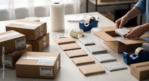 Hands carefully packing small items into boxes with bubble wrap and tape for shipping, organized on a table.