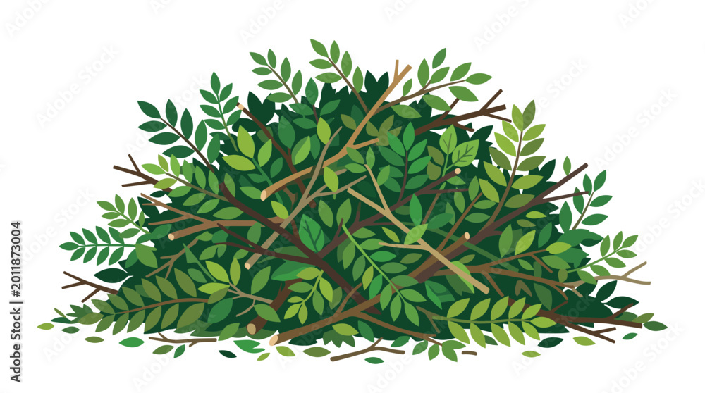 Fototapeta premium A dense pile of green leafy branches and thin wooden twigs is heaped together into a large messy bush structure isolated against a plain white background.