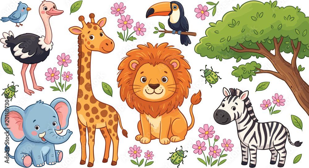 Fototapeta premium Cute African Safari Animals Cartoon Set with Happy Lion, Elephant, Giraffe, Zebra, Ostrich and Toucan for Kids Zoo Education, Nursery Wall Art and Tropical Nature Designs