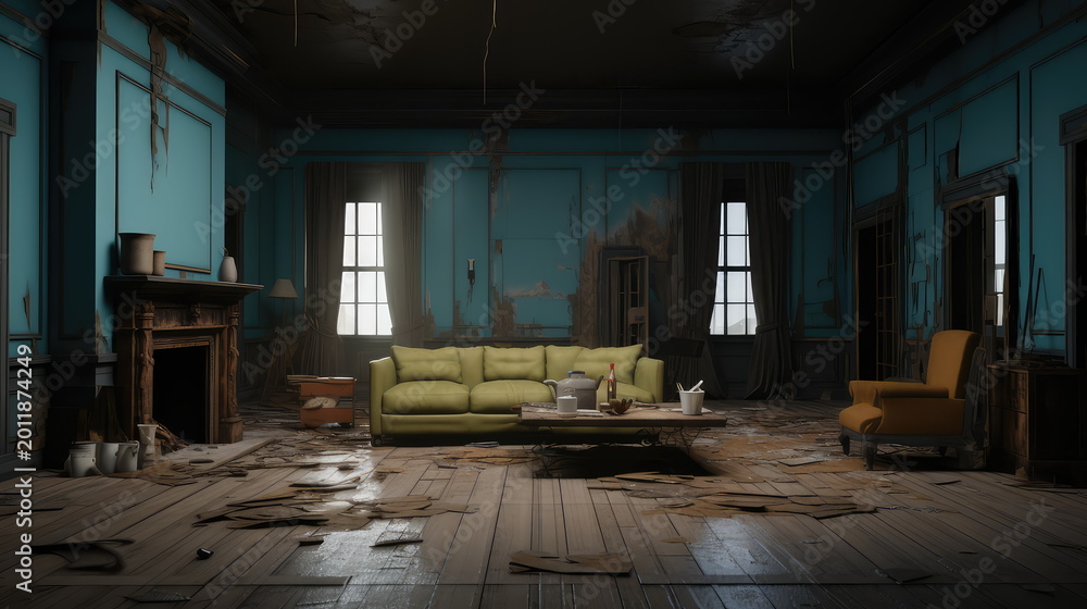 Fototapeta premium Dilapidated living room featuring peeling teal wallpaper, exposed brick, and damaged furniture, conveying neglect and the passage of time in a forgotten interior space