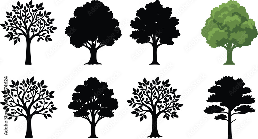 Fototapeta premium Tree silhouette collection with leafy, rounded, and stylized forest icons, isolated vector illustration set for landscaping, ecology, and design projects