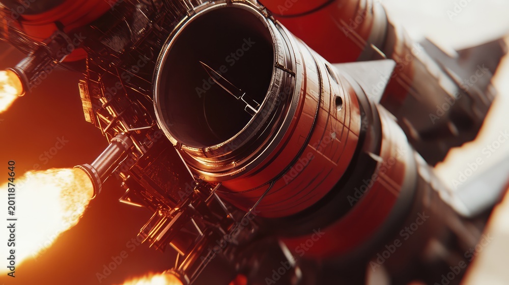 Fototapeta premium Launching modern spacecraft with multiple engines igniting, producing bright flames and exhaust for propulsion, representing progress, technology, and cosmic exploration