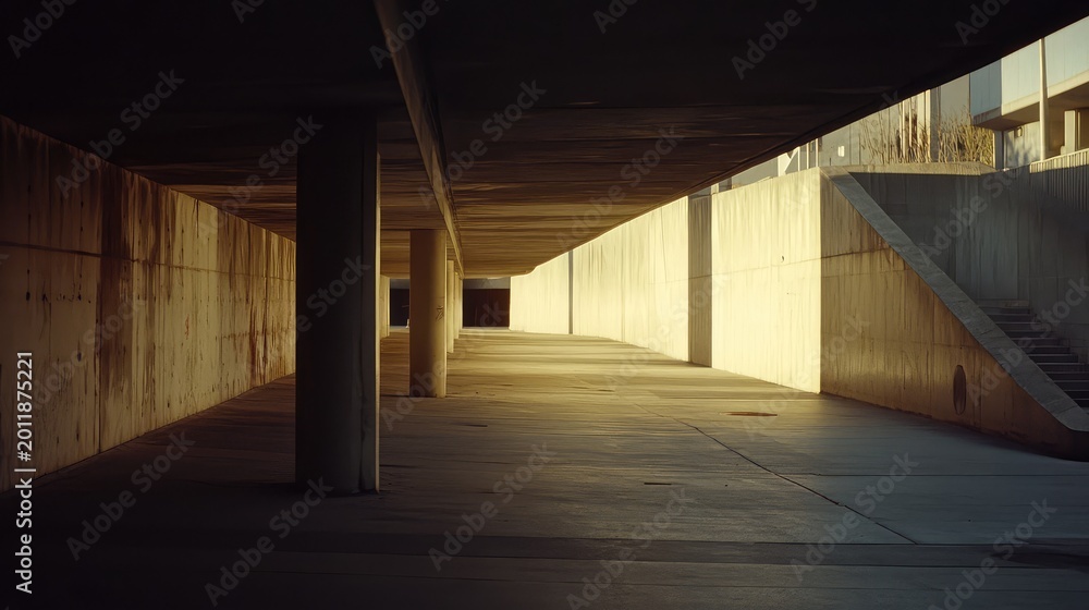 Fototapeta premium Concrete pedestrian passage featuring minimalist modern architecture, pillars, and a raw textured wall, creating a dynamic interplay of light and sharp shadows in the warm evening sun
